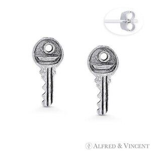 Rustic Door Key Charm Stud Earrings in Oxidized .925 Sterling Silver